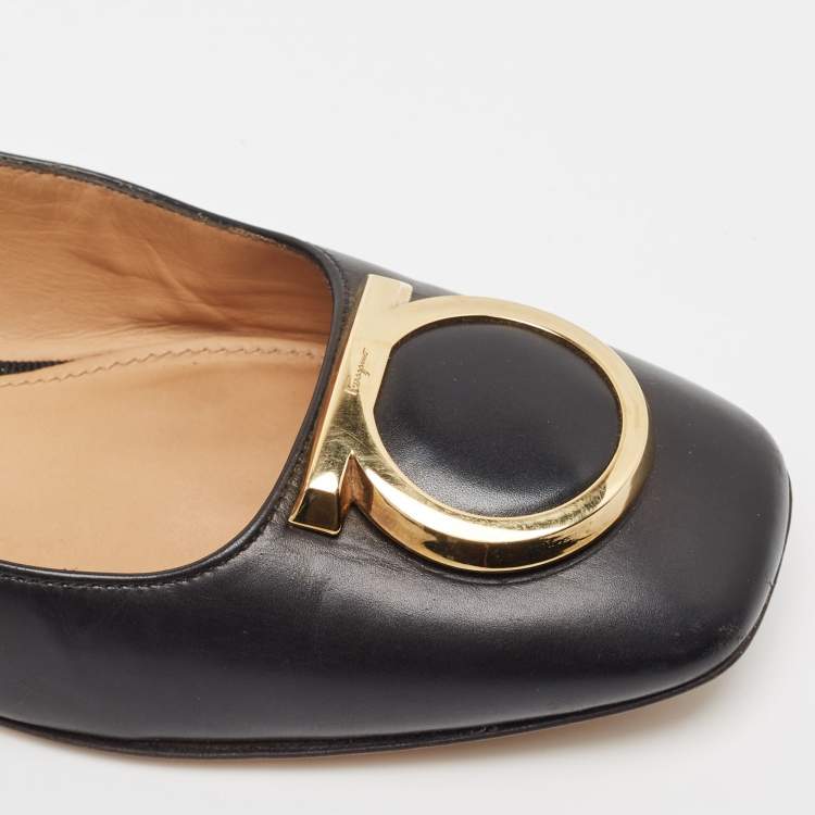 Pre Owned Salvatore Ferragamo Black Leather Buckle Ballet Flats Size 36.5