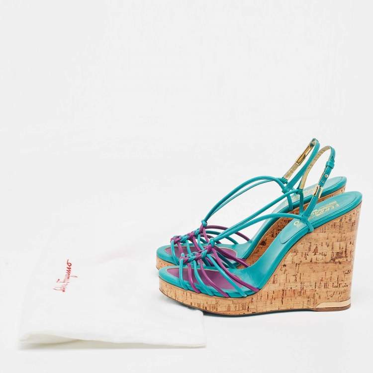Pre Owned Salvatore Ferragamo Blue/Purple Strappy Slingback Cork Wedge Platform Sandals Size 39.5