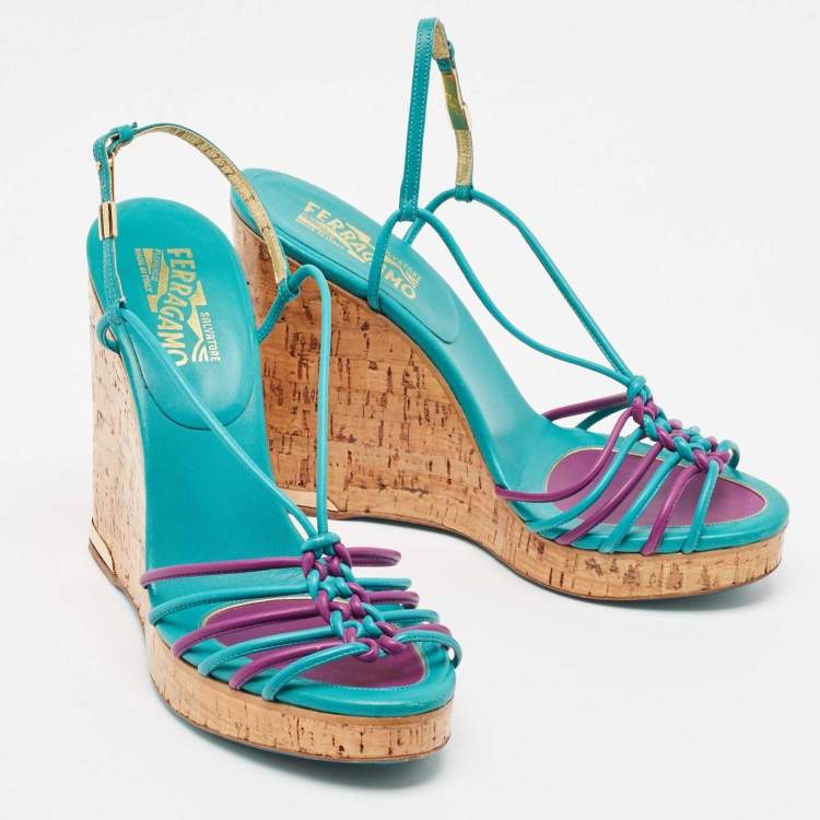 Pre Owned Salvatore Ferragamo Blue/Purple Strappy Slingback Cork Wedge Platform Sandals Size 39.5