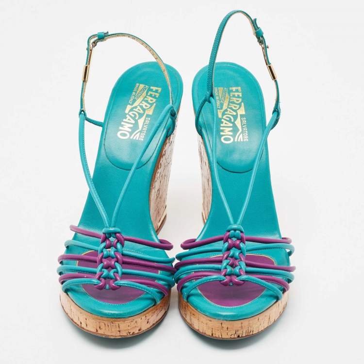 Pre Owned Salvatore Ferragamo Blue/Purple Strappy Slingback Cork Wedge Platform Sandals Size 39.5