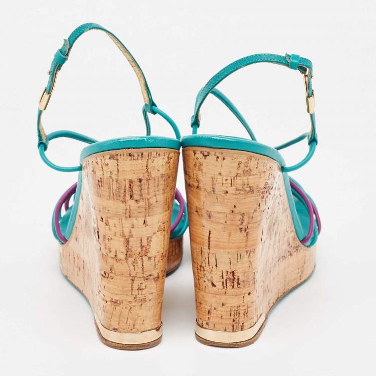 Pre Owned Salvatore Ferragamo Blue/Purple Strappy Slingback Cork Wedge Platform Sandals Size 39.5