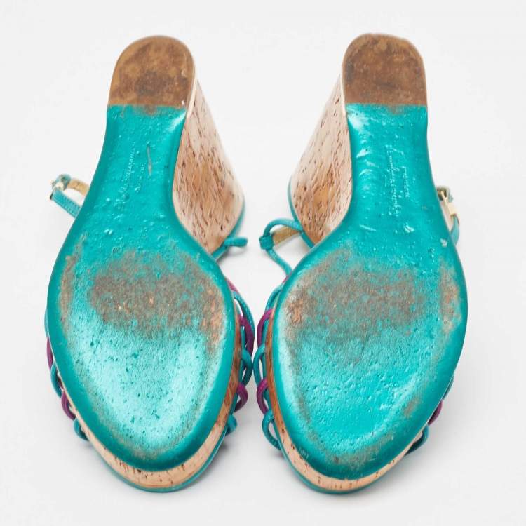 Pre Owned Salvatore Ferragamo Blue/Purple Strappy Slingback Cork Wedge Platform Sandals Size 39.5