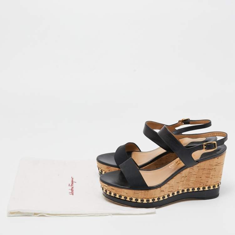 Pre Owned Salvatore Ferragamo Black Leather and Canvas Bernie Wedge Sandals Size 39.5