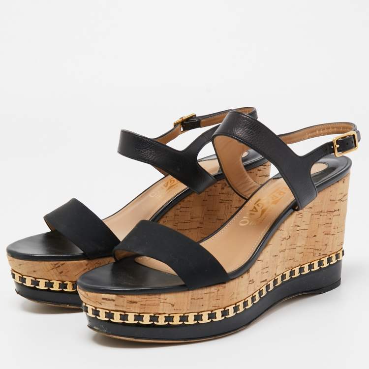 Pre Owned Salvatore Ferragamo Black Leather and Canvas Bernie Wedge Sandals Size 39.5