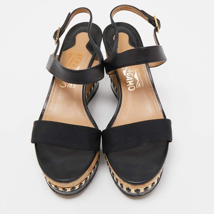 Pre Owned Salvatore Ferragamo Black Leather and Canvas Bernie Wedge Sandals Size 39.5