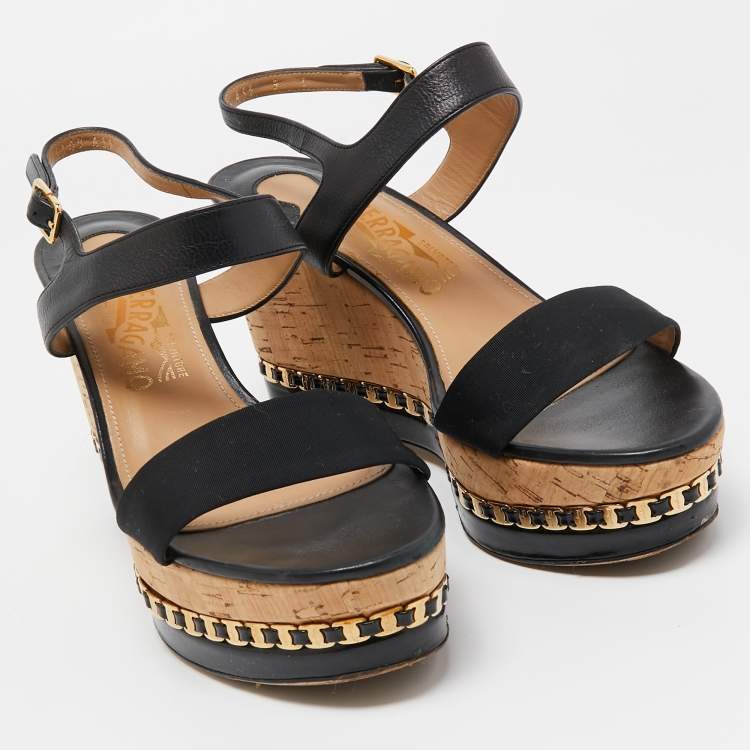 Pre Owned Salvatore Ferragamo Black Leather and Canvas Bernie Wedge Sandals Size 39.5