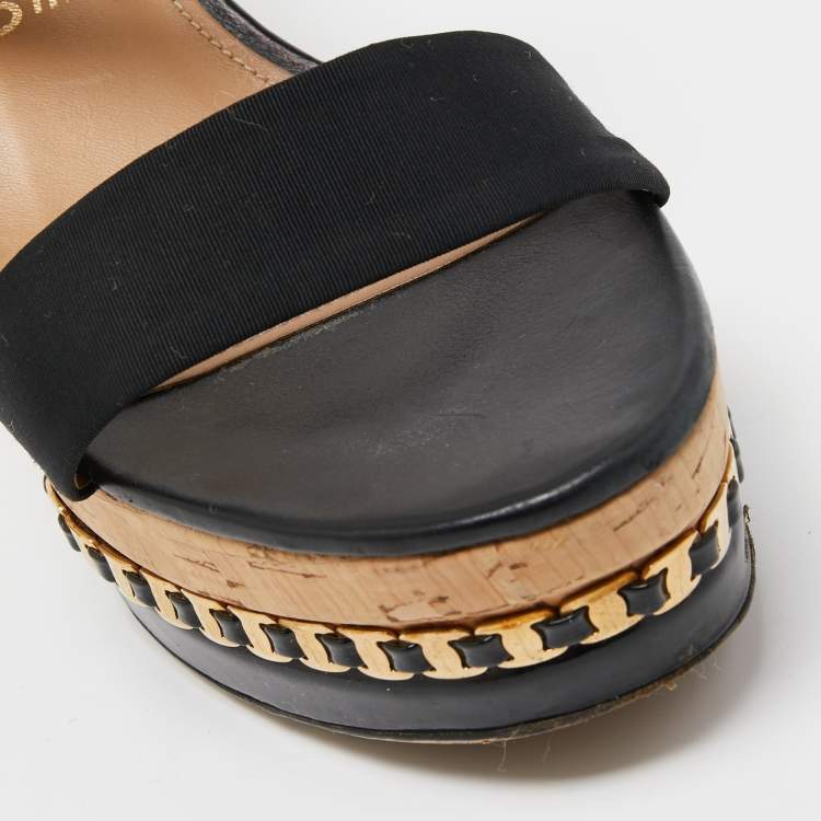 Pre Owned Salvatore Ferragamo Black Leather and Canvas Bernie Wedge Sandals Size 39.5