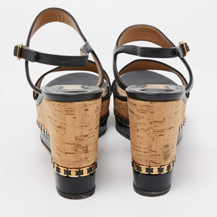 Pre Owned Salvatore Ferragamo Black Leather and Canvas Bernie Wedge Sandals Size 39.5