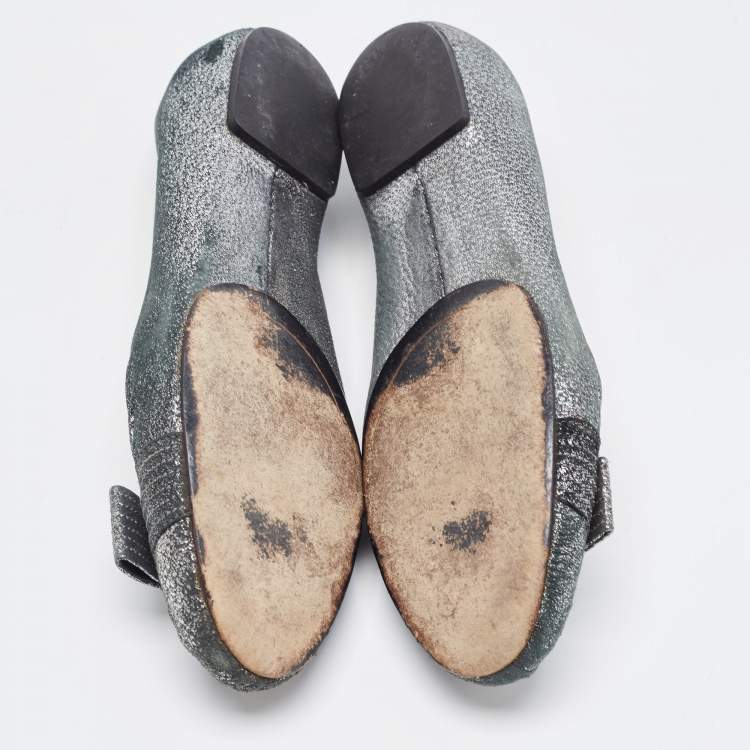 Pre Owned Salvatore Ferragamo Metallic Silver Suede Bow Ballet Flats Size 39.5