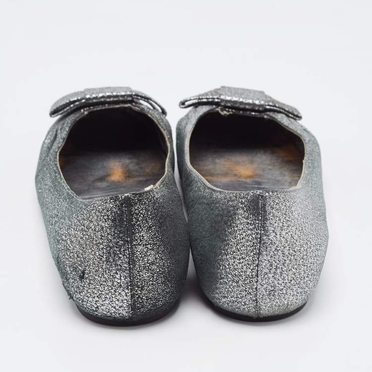 Pre Owned Salvatore Ferragamo Metallic Silver Suede Bow Ballet Flats Size 39.5
