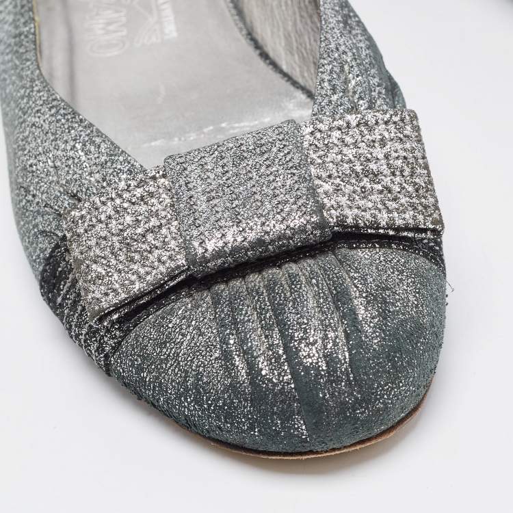 Pre Owned Salvatore Ferragamo Metallic Silver Suede Bow Ballet Flats Size 39.5