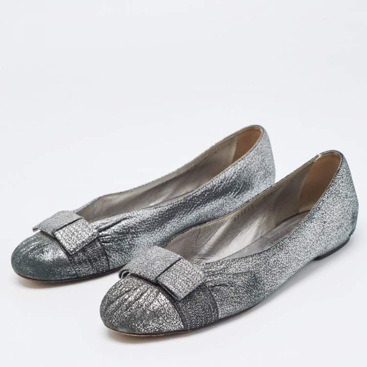Pre Owned Salvatore Ferragamo Metallic Silver Suede Bow Ballet Flats Size 39.5