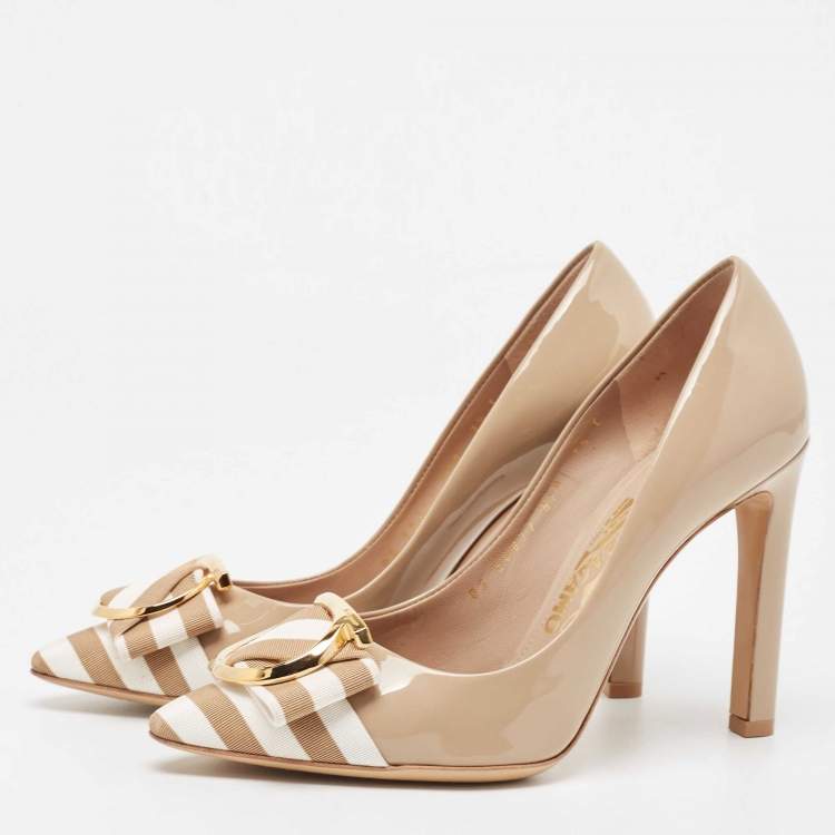 Salvatore Ferragamo Beige/White Patent Leather and Canvas