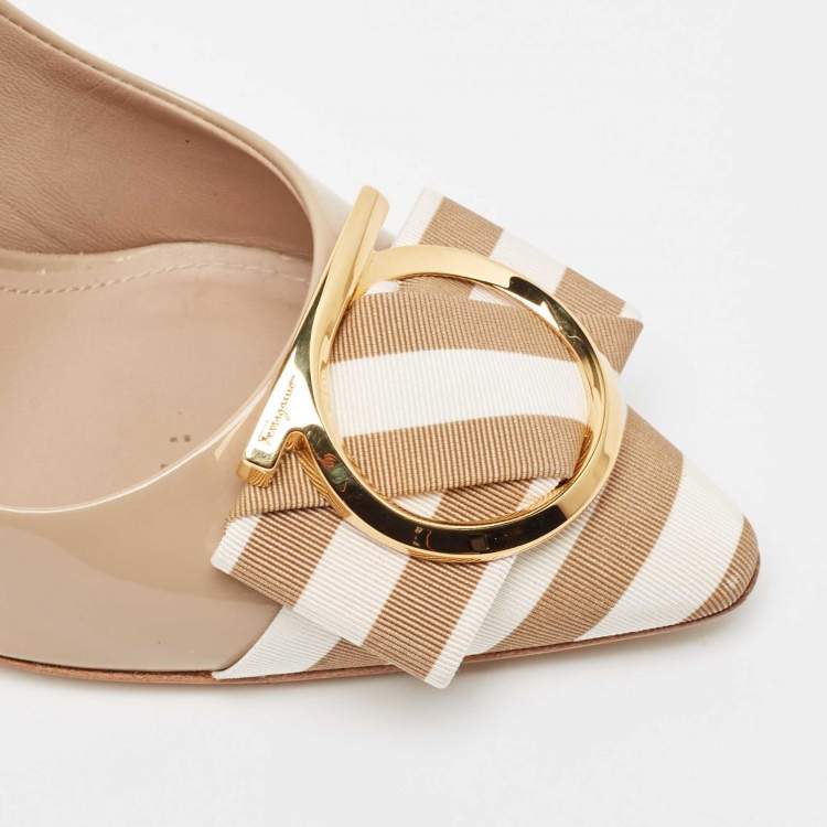Pre Owned Salvatore Ferragamo Beige/White Patent Leather and Canvas Ezia Pumps Size 38