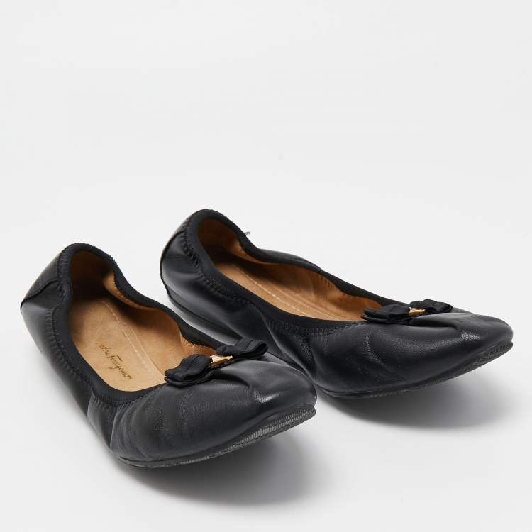 Pre Owned Salvatore Ferragamo Black Leather My Joy Scrunch Ballet Flats Size 40