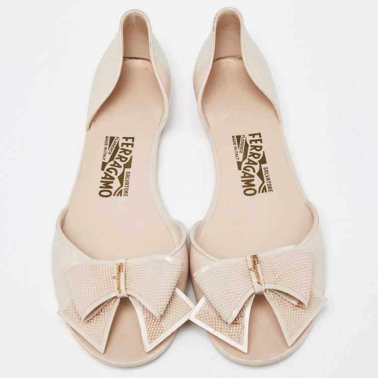 Pre Owned Salvatore Ferragamo Beige Rubber Bow D'orsay Flats Size 40.5