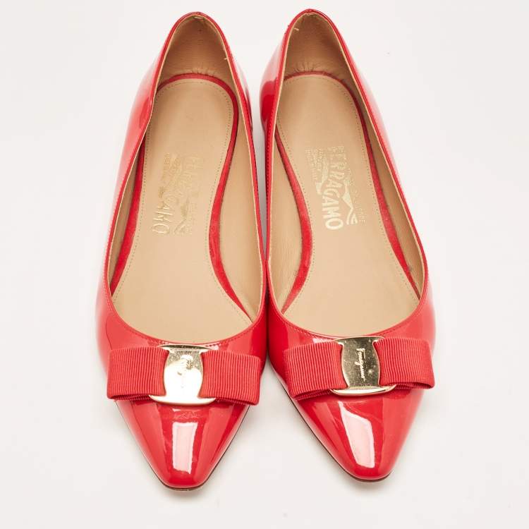 Pre Owned Salvatore Ferragamo Red Patent Leather Zeri Pointed Toe Ballet Flats Size 38