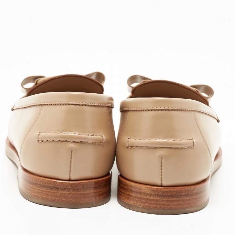 Pre Owned Salvatore Ferragamo Beige Leather Vivaldo Bow Loafers Size 39.5