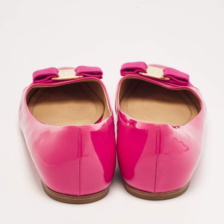 Pre Owned Salvatore Ferragamo Pink Patent Leather Vara Bow Ballet Flats Size 38.5