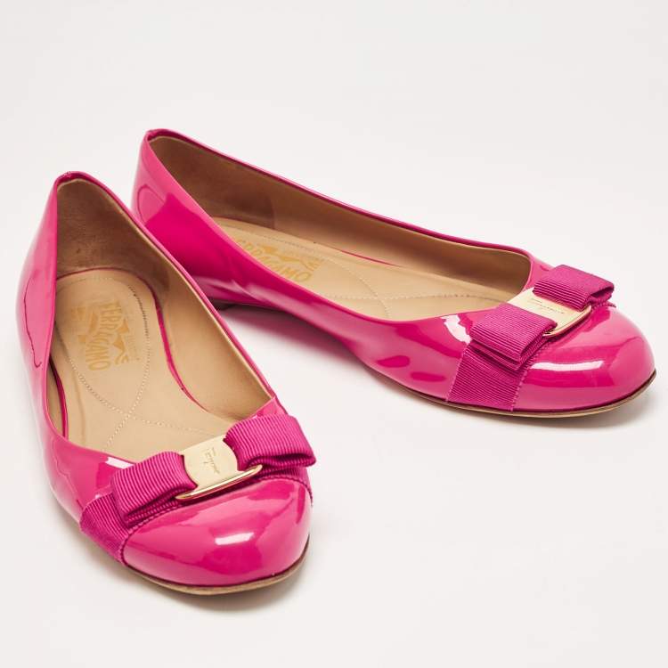 Pre Owned Salvatore Ferragamo Pink Patent Leather Vara Bow Ballet Flats Size 38.5