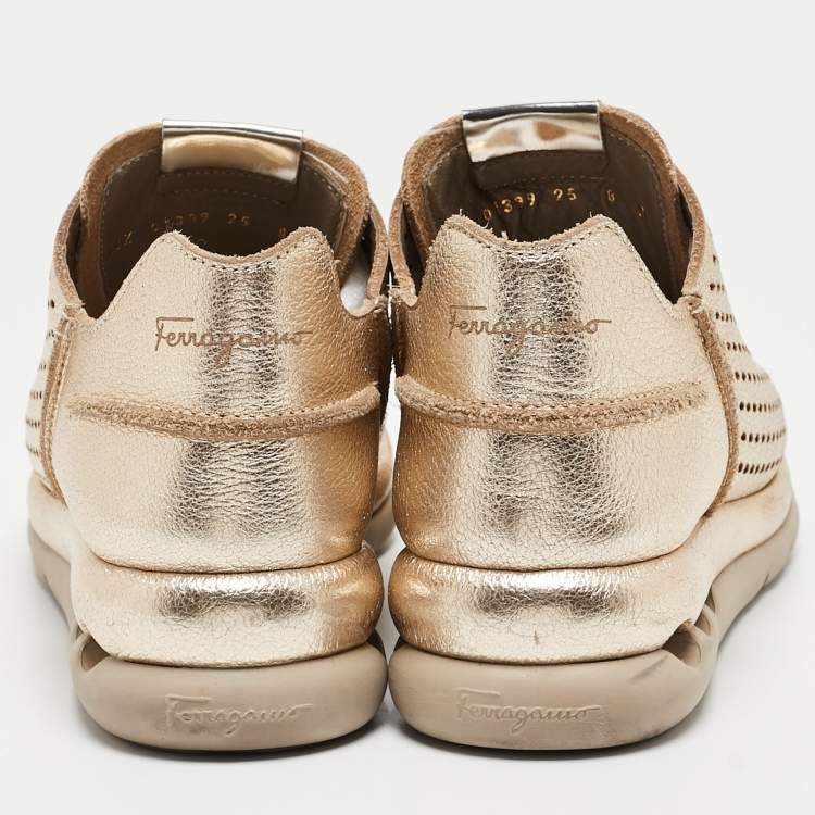 Pre Owned Salvatore Ferragamo Golden Perforated Leather Gils Sneakers Size 42