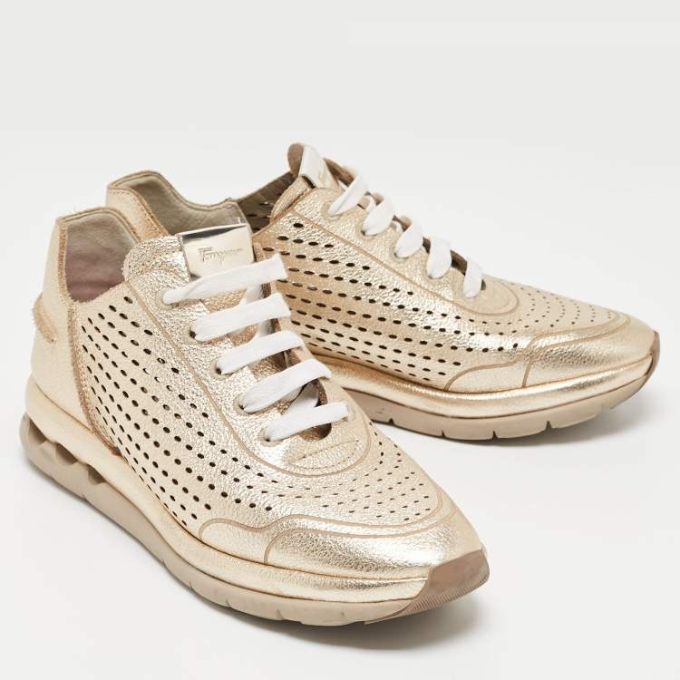 Pre Owned Salvatore Ferragamo Golden Perforated Leather Gils Sneakers Size 42