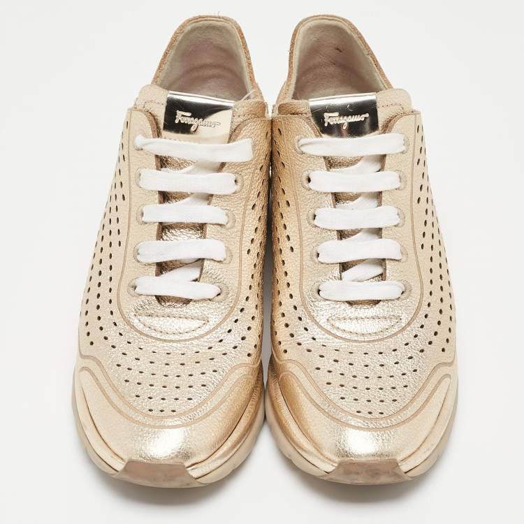 Pre Owned Salvatore Ferragamo Golden Perforated Leather Gils Sneakers Size 42