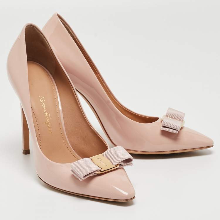 Pre Owned Salvatore Ferragamo Pink Patent Leather Emy Bow Pumps Size 38.5
