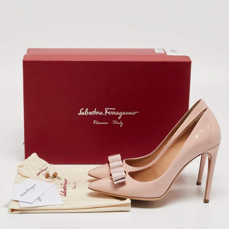 Pre Owned Salvatore Ferragamo Pink Patent Leather Emy Bow Pumps Size 38.5