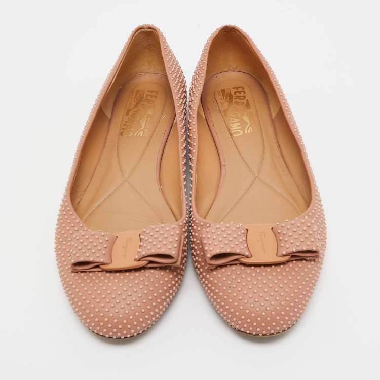 Pre Owned Salvatore Ferragamo Pink Studded Leather Varina Ballet Flats Size 37.5