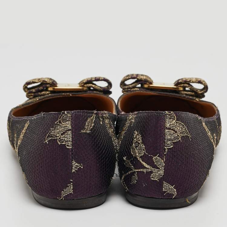 Pre Owned Salvatore Ferragamo Purple/Gold Floral Lace and Satin Varina Ballet Flats Size 35.5