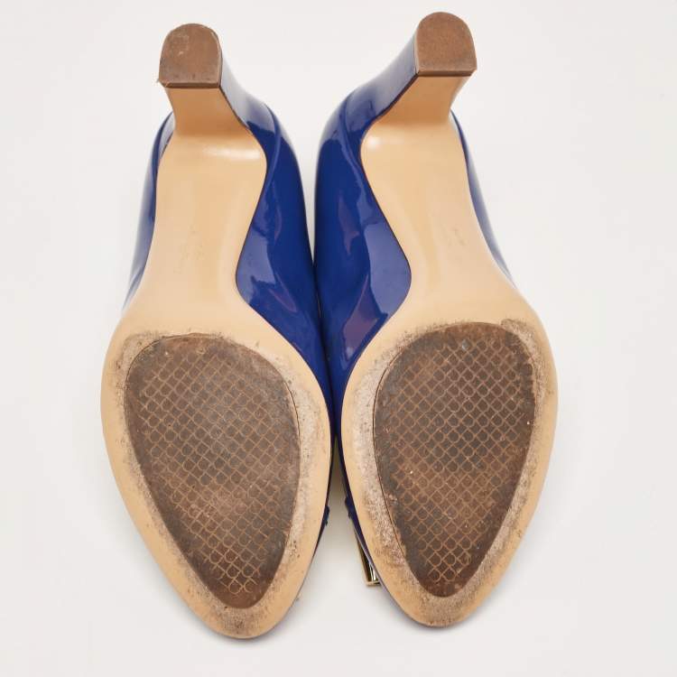 Pre Owned Salvatore Ferragamo Blue Patent Leather Block Heel Pumps Size 39.5