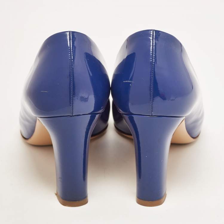 Pre Owned Salvatore Ferragamo Blue Patent Leather Block Heel Pumps Size 39.5
