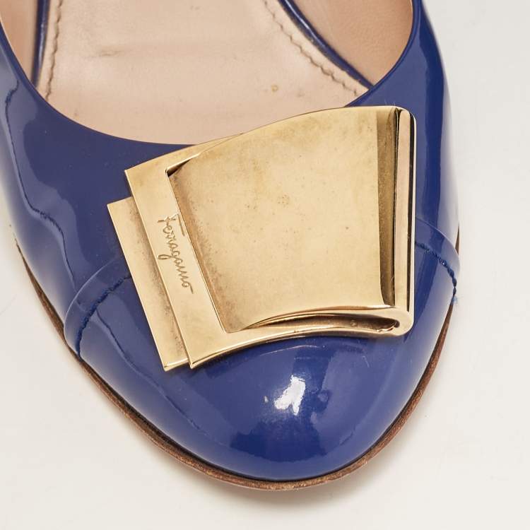 Pre Owned Salvatore Ferragamo Blue Patent Leather Block Heel Pumps Size 39.5