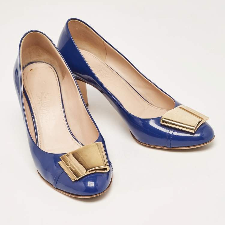Pre Owned Salvatore Ferragamo Blue Patent Leather Block Heel Pumps Size 39.5