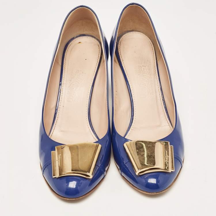 Pre Owned Salvatore Ferragamo Blue Patent Leather Block Heel Pumps Size 39.5