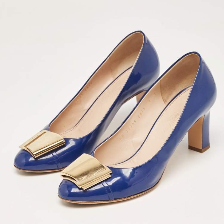 Pre Owned Salvatore Ferragamo Blue Patent Leather Block Heel Pumps Size 39.5