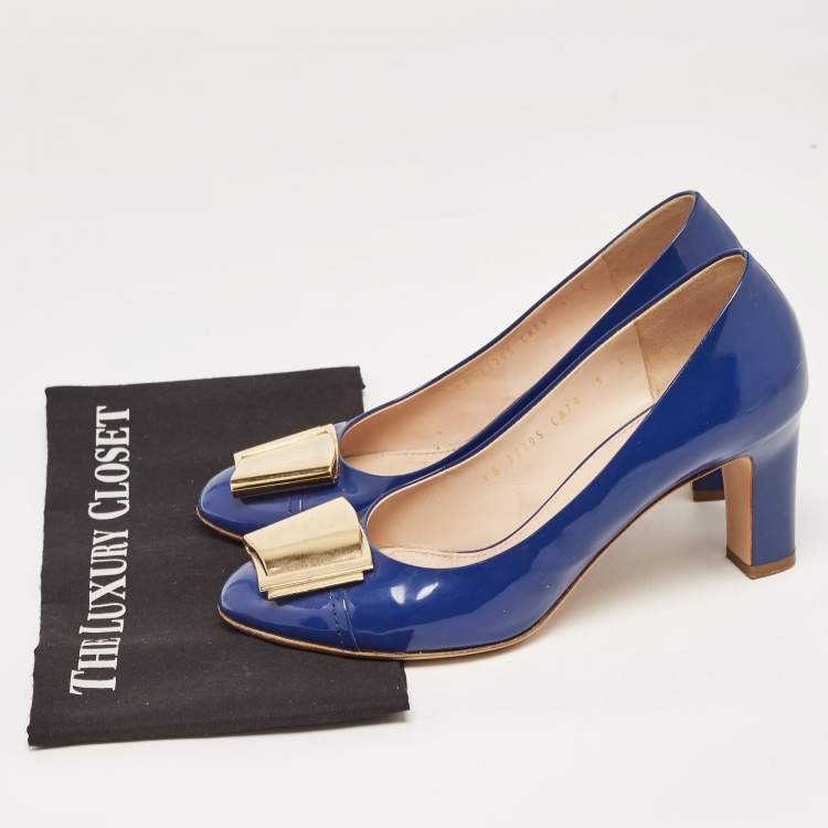 Pre Owned Salvatore Ferragamo Blue Patent Leather Block Heel Pumps Size 39.5