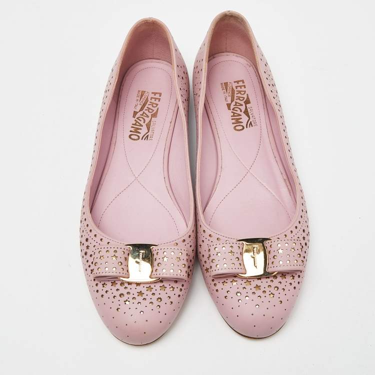 Pre Owned Salvatore Ferrgamo Pink Laser Cut Leather Vara Bow Ballet Flat Size 40
