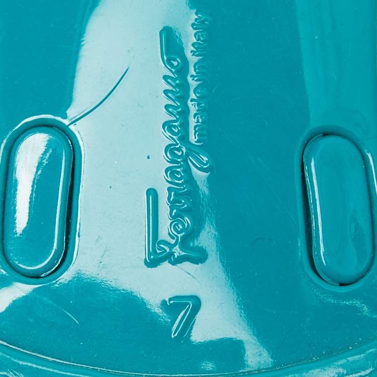 Pre Owned Salvatore Ferragamo Turquoise Leather Laser Cut Bow Thong Flat Slides Size 37.5