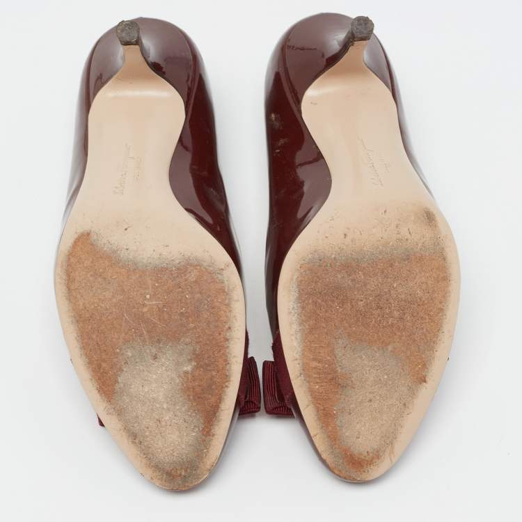 Pre Owned Salvatore Ferragamo Burgundy Patent Vara Bow Pumps Size 36.5
