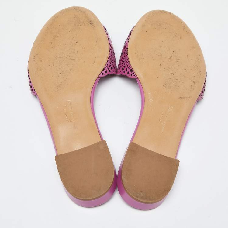 Pre Owned Salvatore Ferragamo Pink Laser Cut Leather Gil Flat Slide Sandals Size 38.5