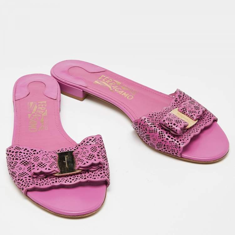 Pre Owned Salvatore Ferragamo Pink Laser Cut Leather Gil Flat Slide Sandals Size 38.5