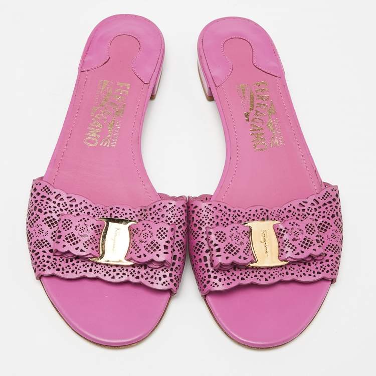 Pre Owned Salvatore Ferragamo Pink Laser Cut Leather Gil Flat Slide Sandals Size 38.5