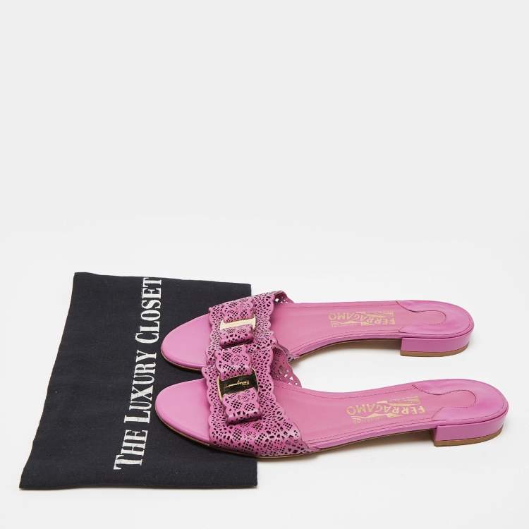 Pre Owned Salvatore Ferragamo Pink Laser Cut Leather Gil Flat Slide Sandals Size 38.5