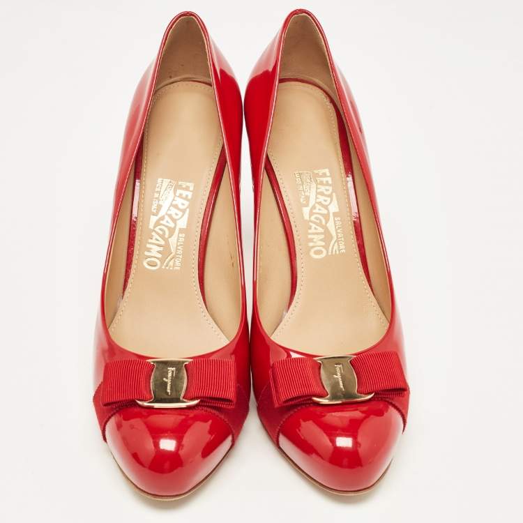 Pre Owned Salvatore Ferragamo Red Patent Leather Vara Bow Pumps Size 41