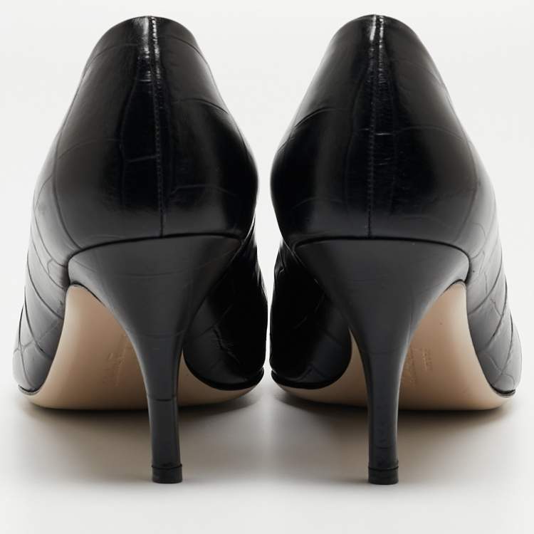 Pre Owned Salvatore Ferragamo Black Embossed Crocodile Vara Bow Pumps Size 41.5 