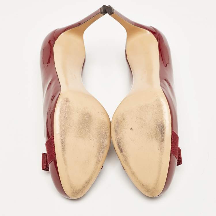 Pre Owned Salvatore Ferragamo Burgundy Patent Leather Vara Bow Pumps Size 41