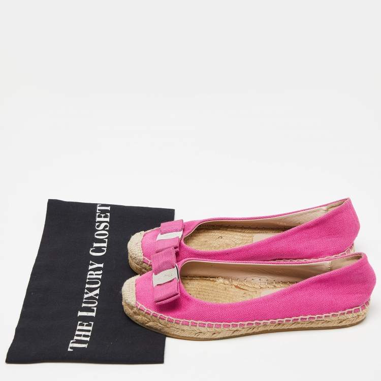 Pre Owned Salvatore Ferragamo Pink Canvas Mandy Vara Bow Espadrille Flats Size 37.5