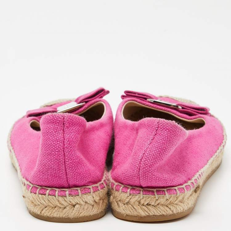 Pre Owned Salvatore Ferragamo Pink Canvas Mandy Vara Bow Espadrille Flats Size 37.5